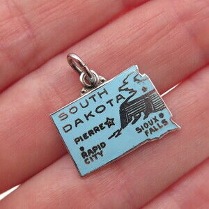 925 Sterling Silver Vintage Enamel South Dakota State Map Mini Charm Pendant